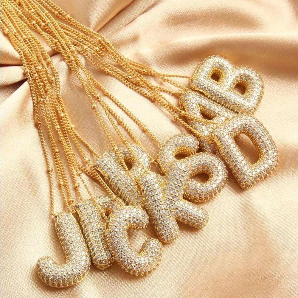 18k Gold Plated Cubic Zirconia Bubble letters:A-G-M-D-C balloon Initial Necklace